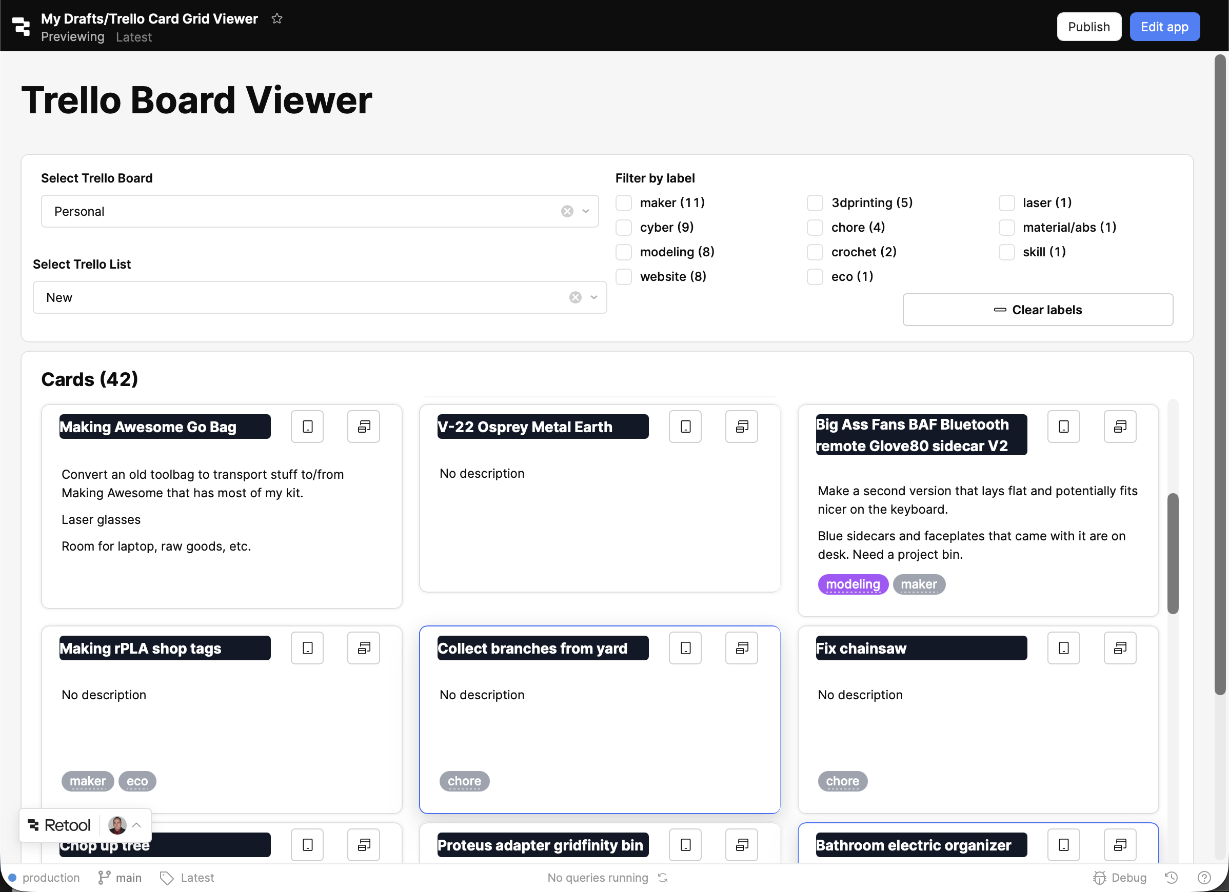 Retool interface showing task management dashboard